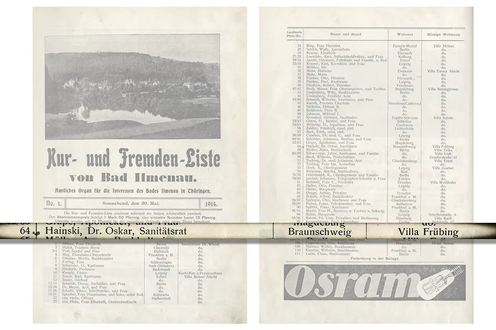 Kur- und Fremden-Liste von Bad Ilmenau 1914